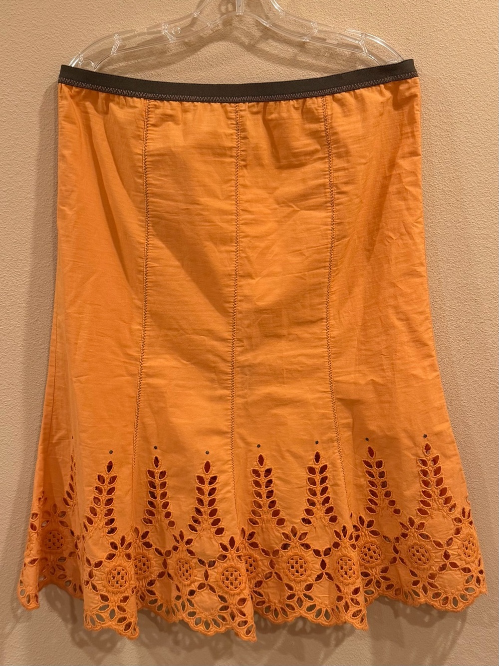 Burning Torch Orange Eyelet Embroidered Boho Midi Skirt Paneled Flare Size M